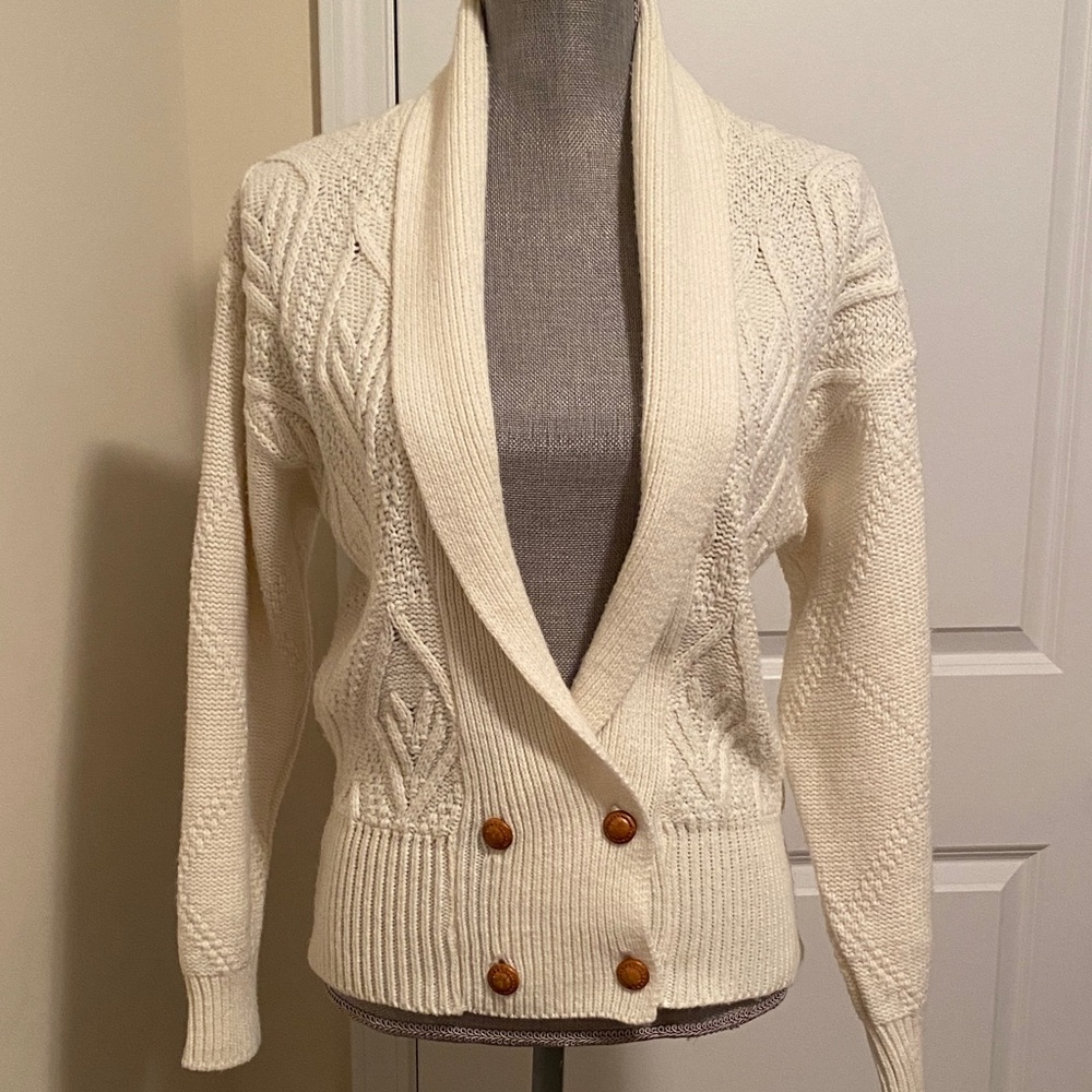 Vintage 80’s Double Breasted Cable Knit Shawl Collar Cream Grandpa Cardigan